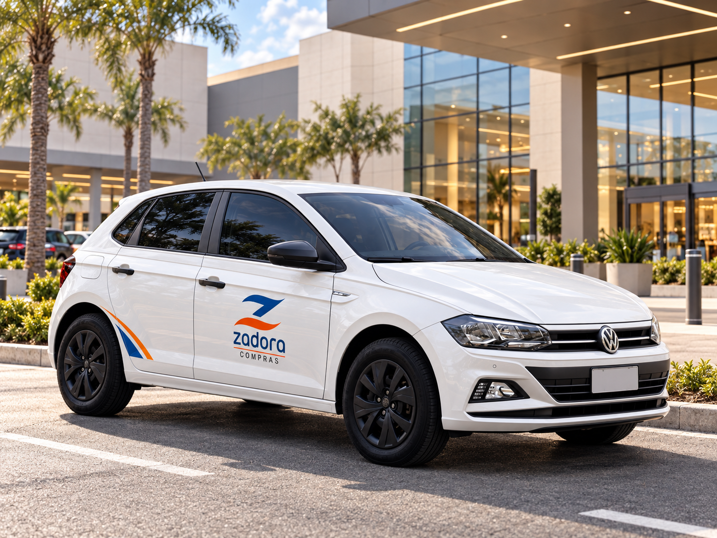 Carro com a identidade da Zadora em frente a um shopping — imagem fornecida com edição digital